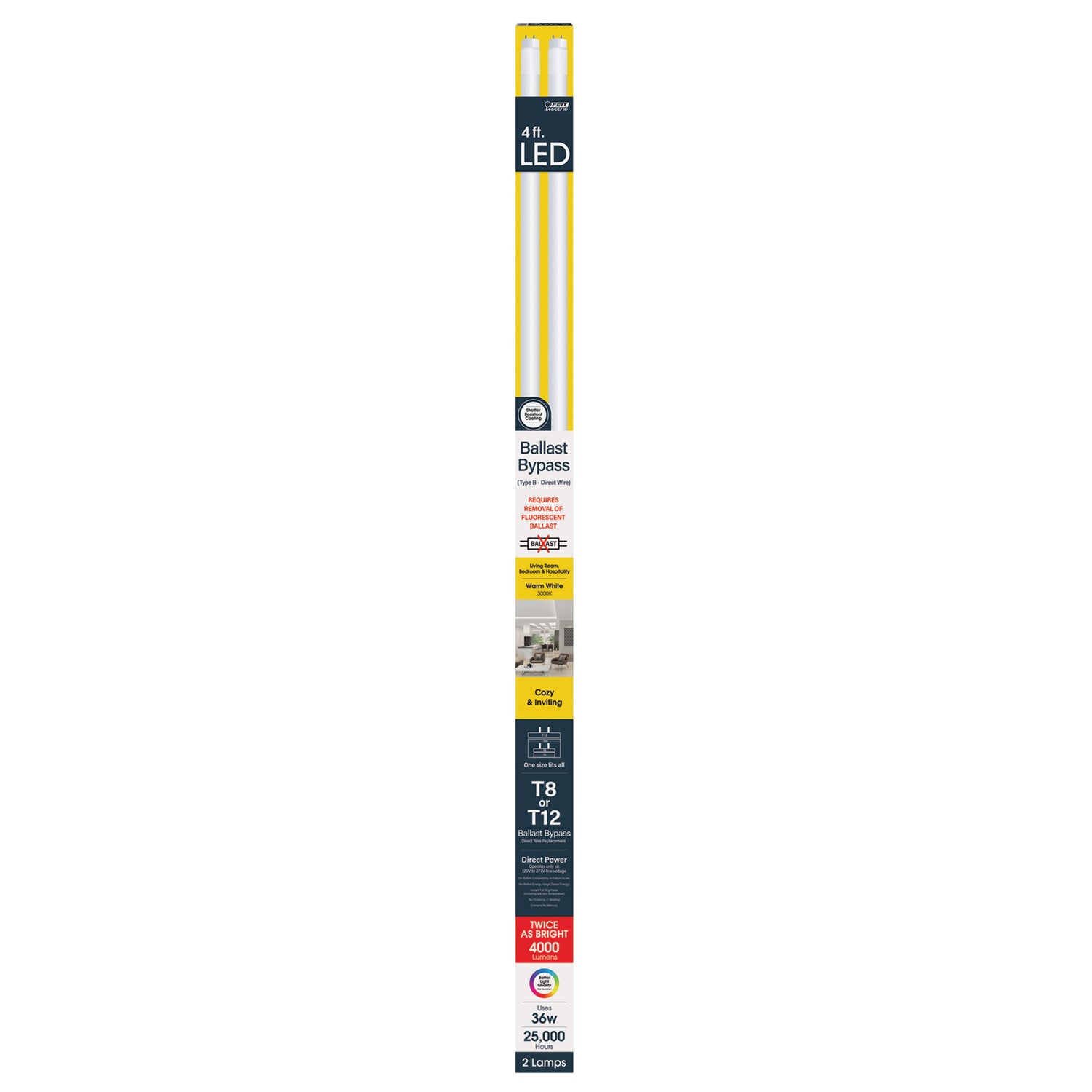 4 ft. 36W Bright White (3000K) G13 Base (T8 Replacement) Ballast Bypass (Type B) High Output LED Linear Tube (2-Pack)