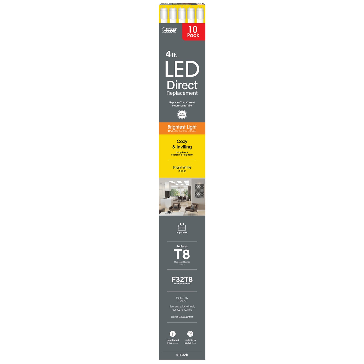 4 ft. 32W Bright White (3000K) G13 Base Direct Replacement (Type A) (T8 Replacement) High Output LED Linear Tube (10-Pack)