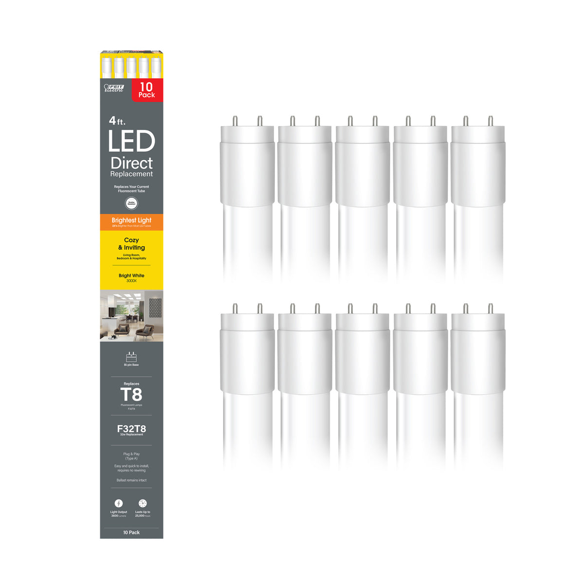 4 ft. 32W Bright White (3000K) G13 Base Direct Replacement (Type A) (T8 Replacement) High Output LED Linear Tube (10-Pack)