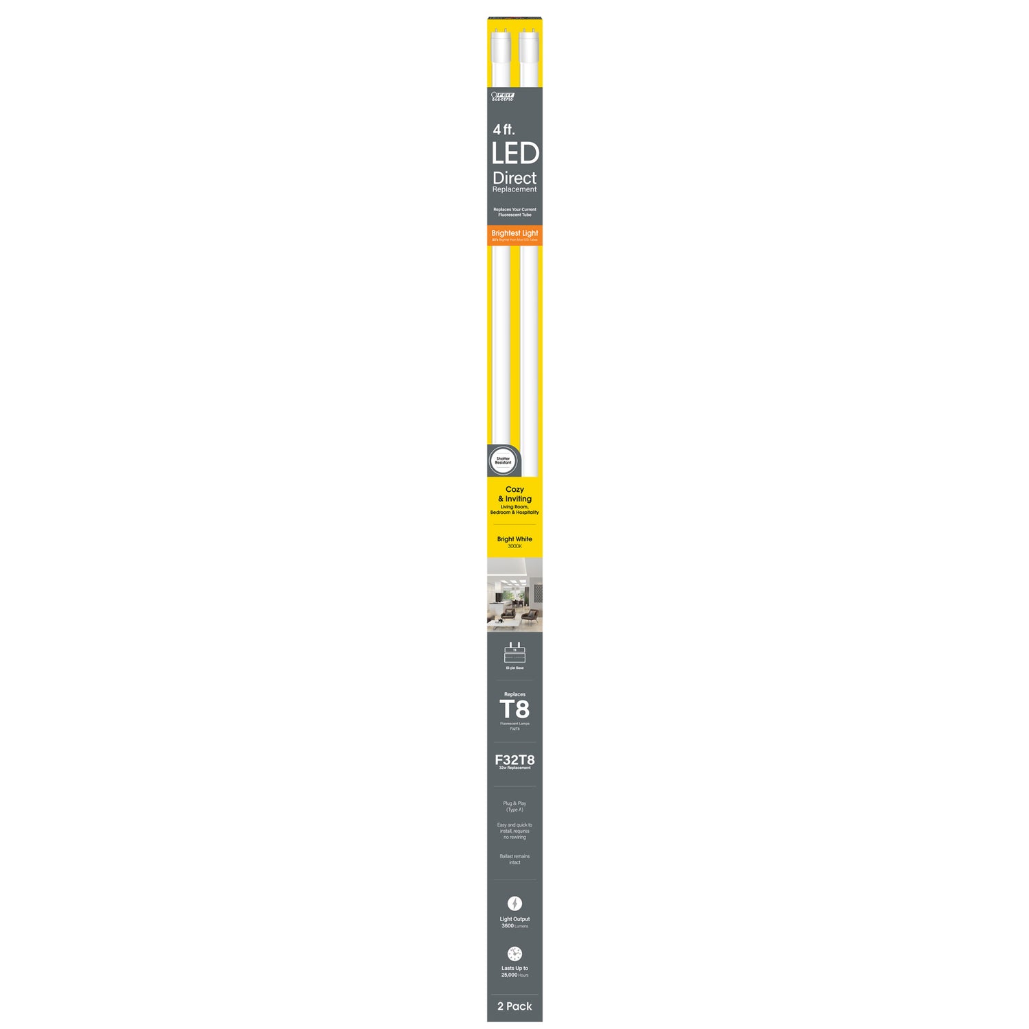 4 ft. 32W Bright White (3000K) G13 Base Direct Replacement (Type A) (T8 Replacement) High Output LED Linear Tube (2-Pack)