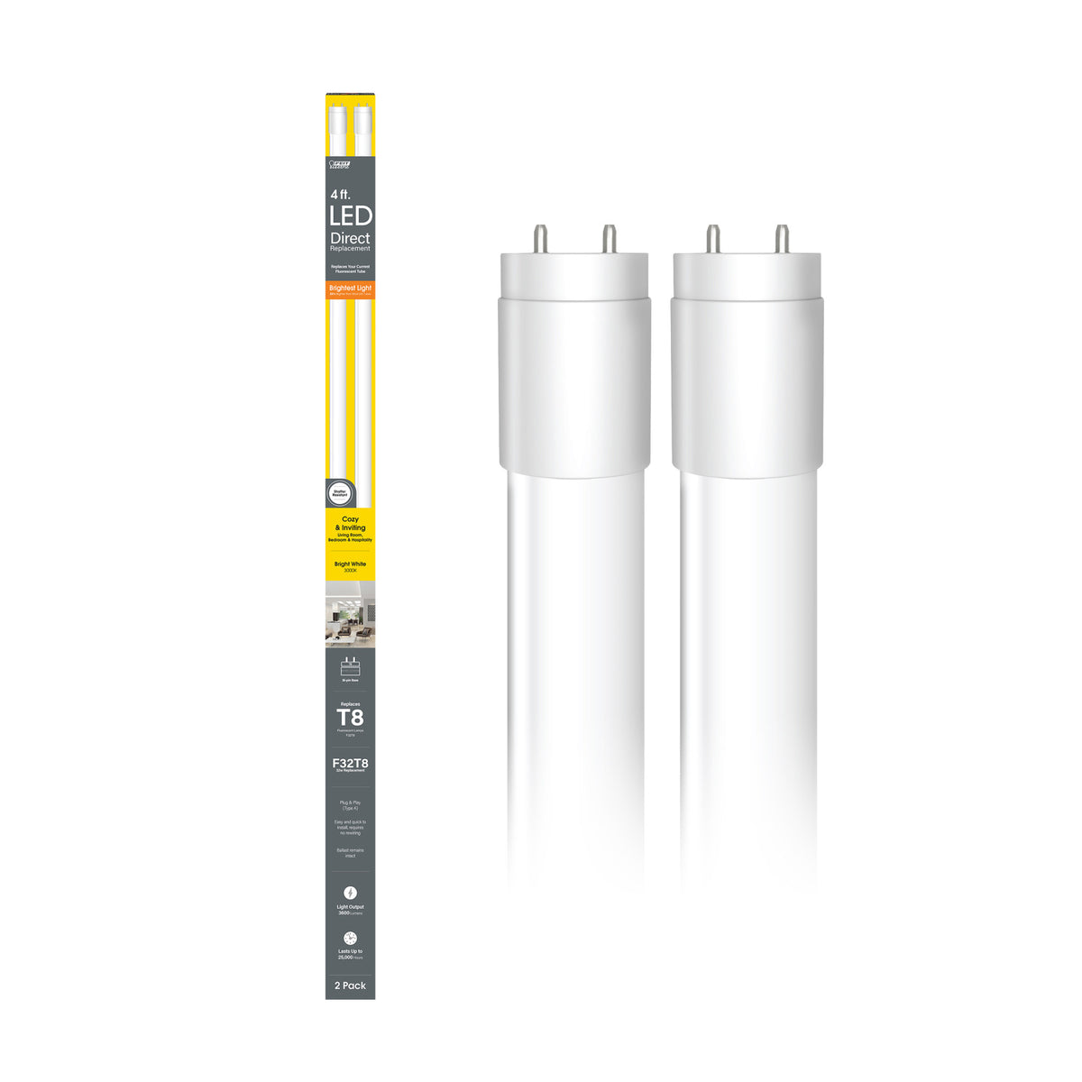 4 ft. 32W Bright White (3000K) G13 Base Direct Replacement (Type A) (T8 Replacement) High Output LED Linear Tube (2-Pack)