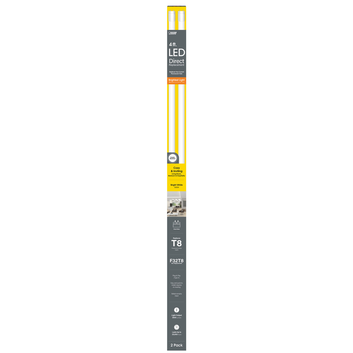 4 ft. 32W Bright White (3000K) G13 Base Direct Replacement (Type A) (T8 Replacement) High Output LED Linear Tube (2-Pack)