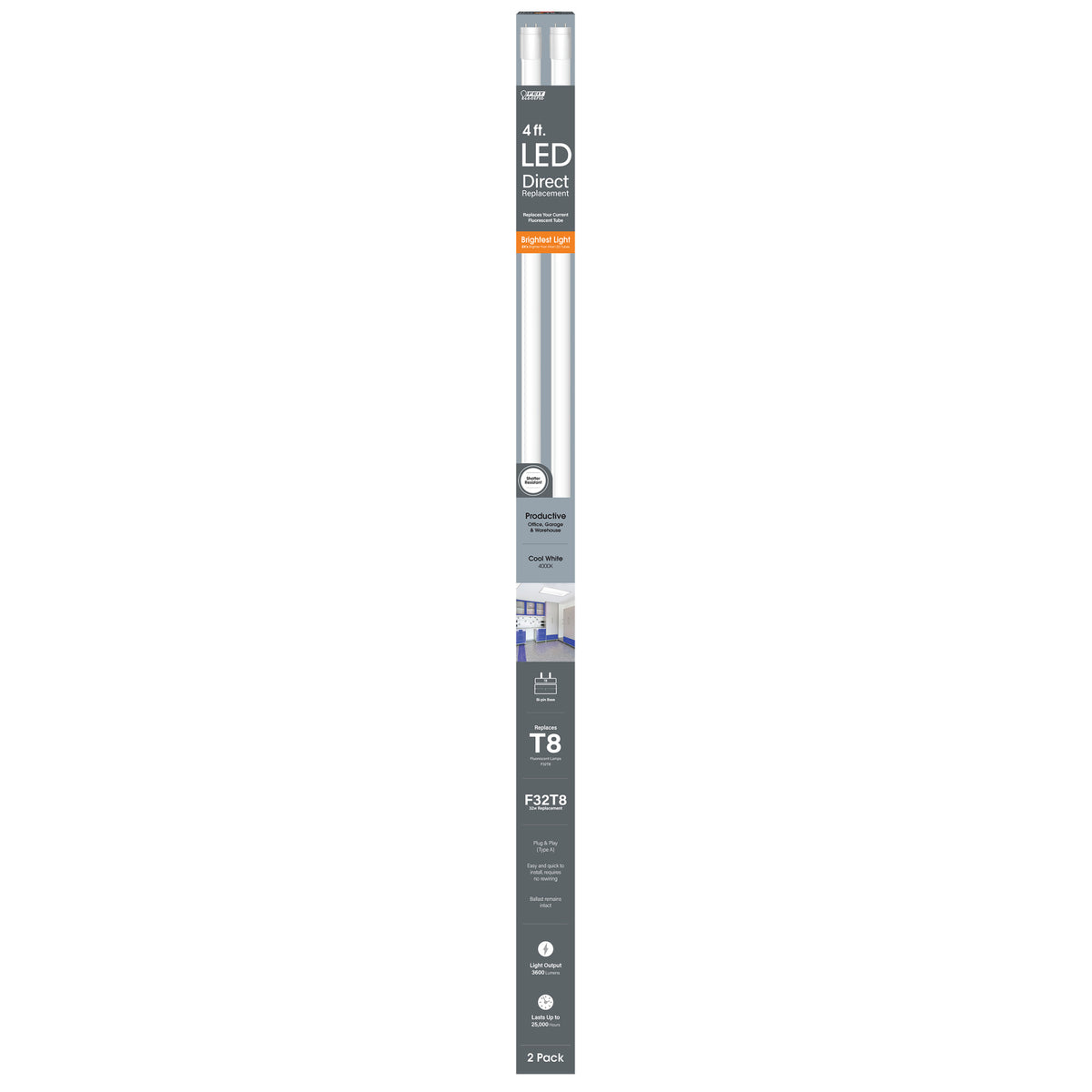 4 ft. 32W Cool White (4000K) G13 Base Direct Replacement (Type A) (T8 Replacement) High Output LED Linear Tube (2-Pack)