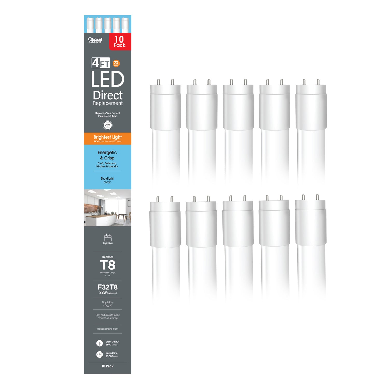 4 ft. 32W Daylight (5000K) G13 Base Direct Replacement (Type A) (T8 Replacement) High Output LED Linear Tube (10-Pack)