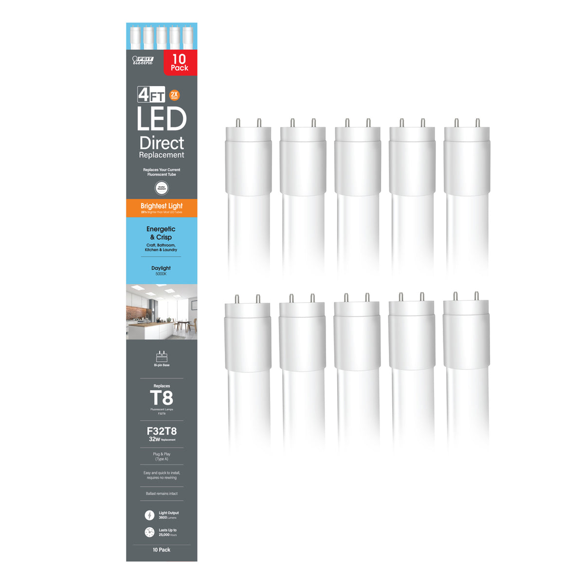 4 ft. 32W Daylight (5000K) G13 Base Direct Replacement (Type A) (T8 Replacement) High Output LED Linear Tube (10-Pack)