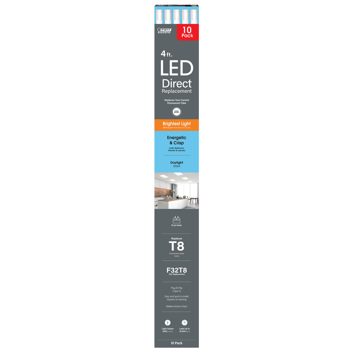 4 ft. 32W Daylight (5000K) G13 Base Direct Replacement (Type A) (T8 Replacement) High Output LED Linear Tube (10-Pack)