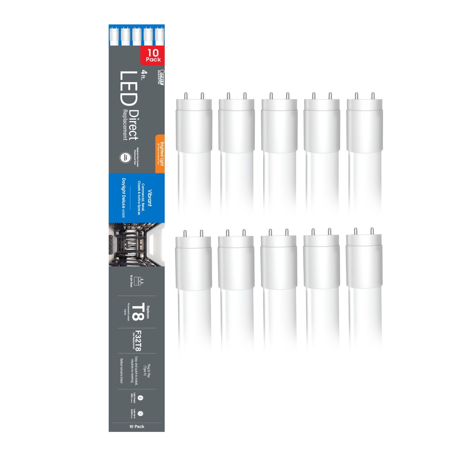 4 ft. 32W Daylight Deluxe (6500K) G13 Base Direct Replacement (Type A) (T8 Replacement) High Output LED Linear Tube (10-Pack)