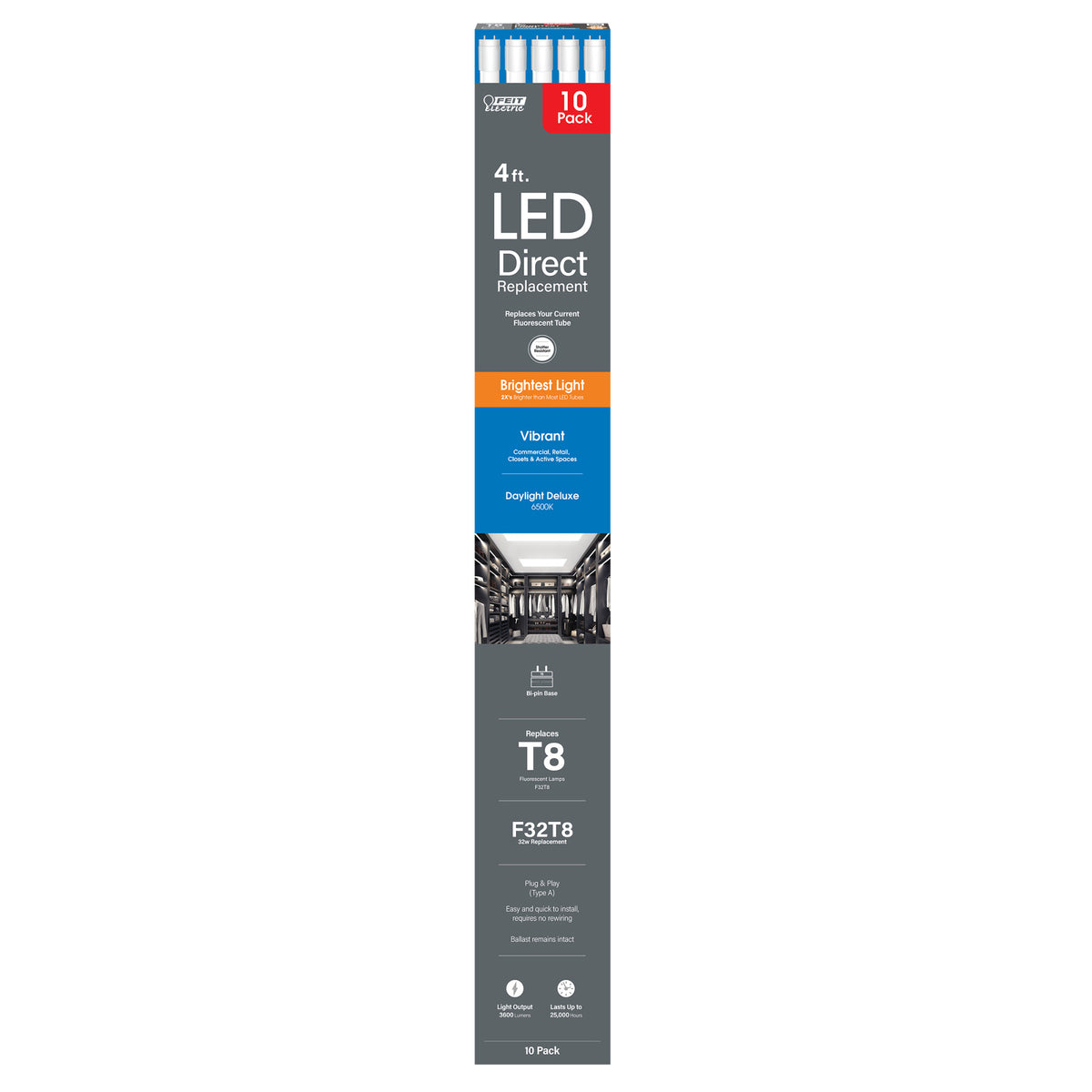 4 ft. 32W Daylight Deluxe (6500K) G13 Base Direct Replacement (Type A) (T8 Replacement) High Output LED Linear Tube (10-Pack)