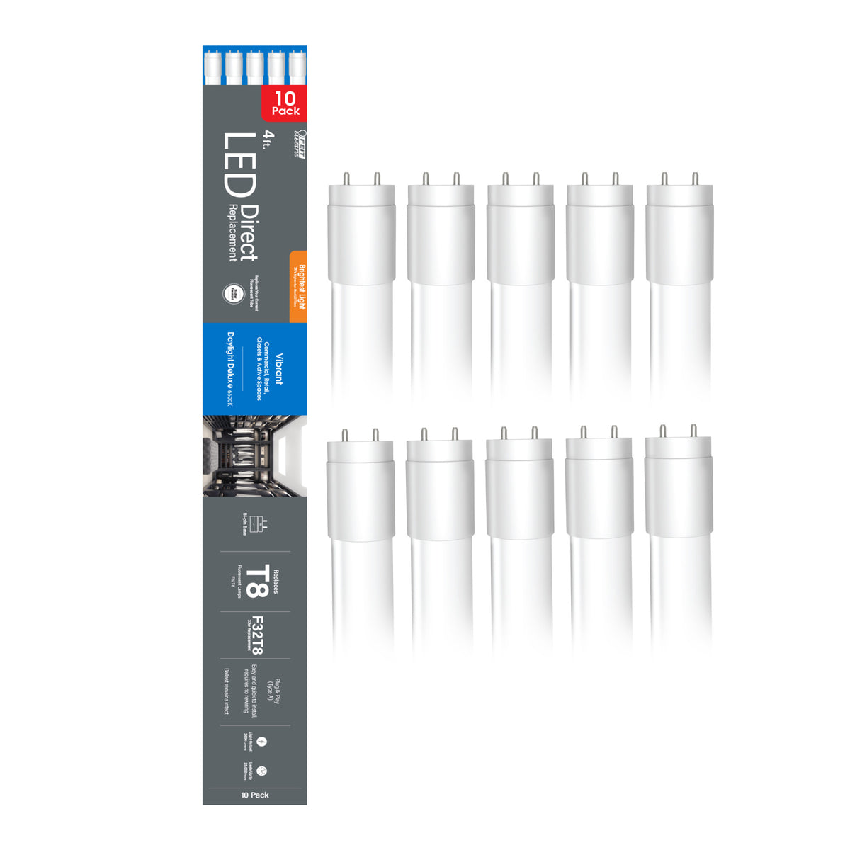 4 ft. 32W Daylight Deluxe (6500K) G13 Base Direct Replacement (Type A) (T8 Replacement) High Output LED Linear Tube (10-Pack)
