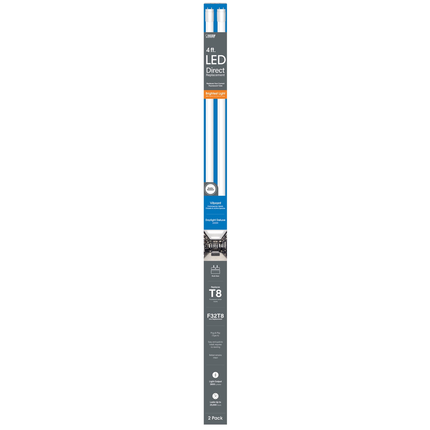 4 ft. 32W Daylight Deluxe (6500K) G13 Base Direct Replacement (Type A) (T8 Replacement) High Output LED Linear Tube (2-Pack)