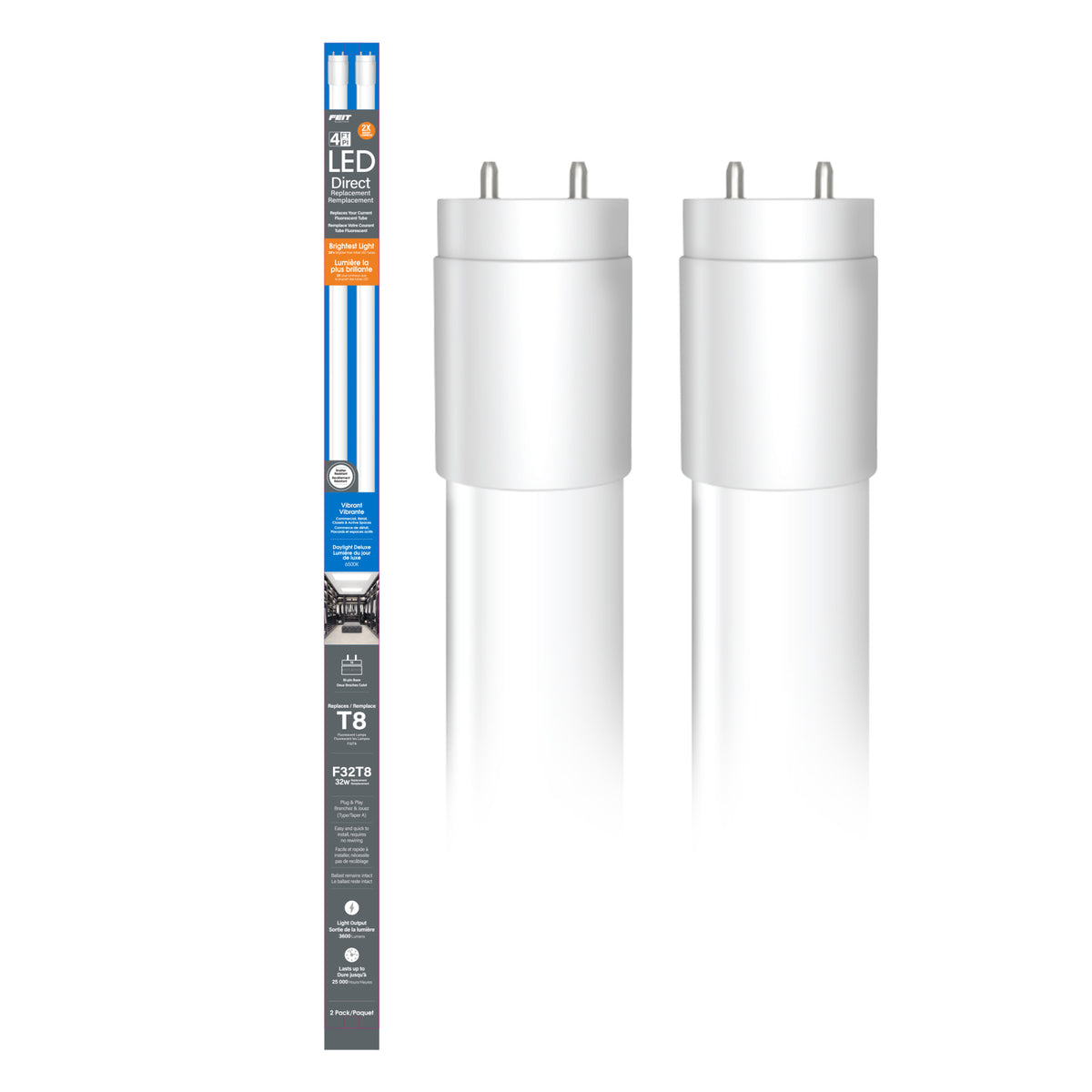 4 ft. 32W Daylight Deluxe (6500K) G13 Base Direct Replacement (Type A) (T8 Replacement) High Output LED Linear Tube (2-Pack)