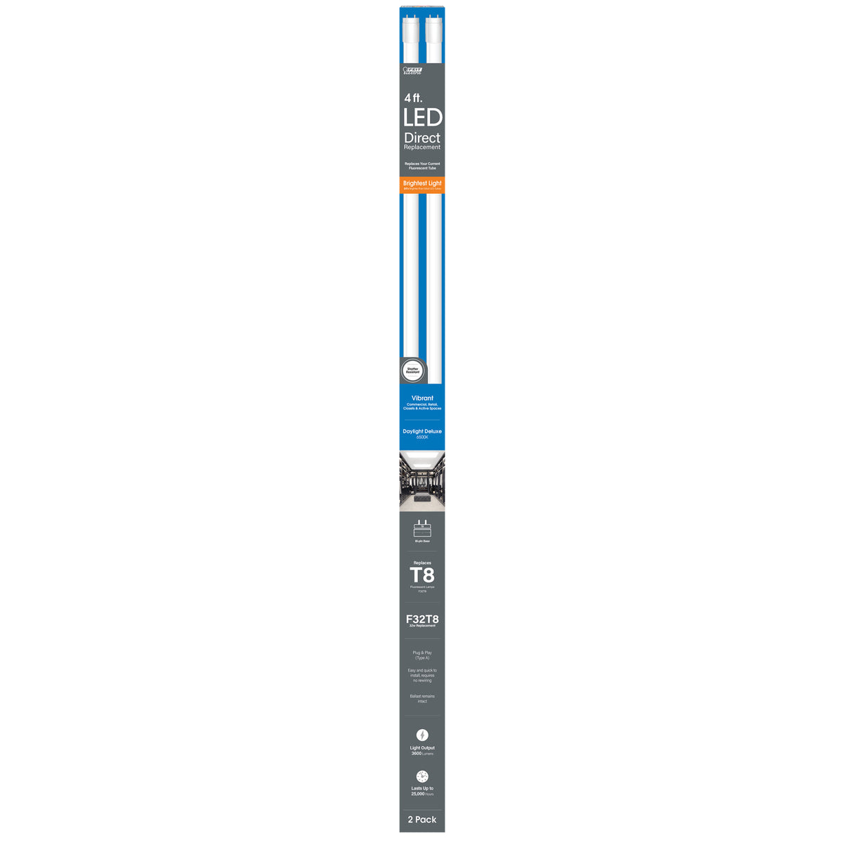 4 ft. 32W Daylight Deluxe (6500K) G13 Base Direct Replacement (Type A) (T8 Replacement) High Output LED Linear Tube (2-Pack)