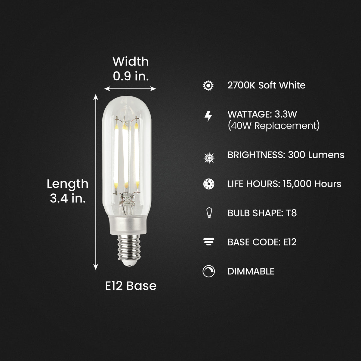 3.3W (40W Replacement) T8 E12 Dimmable Straight Filament Clear Glass Vintage Edison LED Light Bulb, Soft White