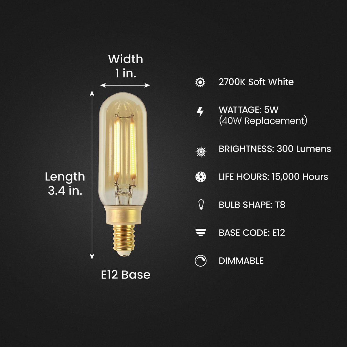 5W (40W Replacement) T8 E12 Dimmable Straight Filament Amber Glass Vintage Edison LED Light Bulb, Soft White