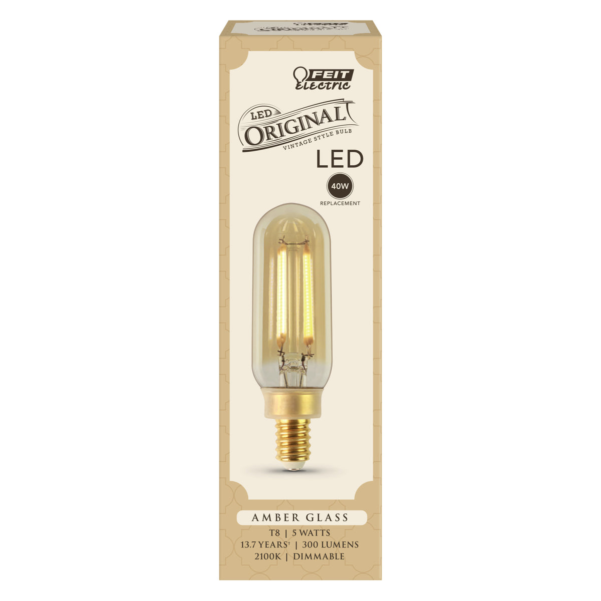 5W (40W Replacement) T8 E12 Dimmable Straight Filament Amber Glass Vintage Edison LED Light Bulb, Soft White