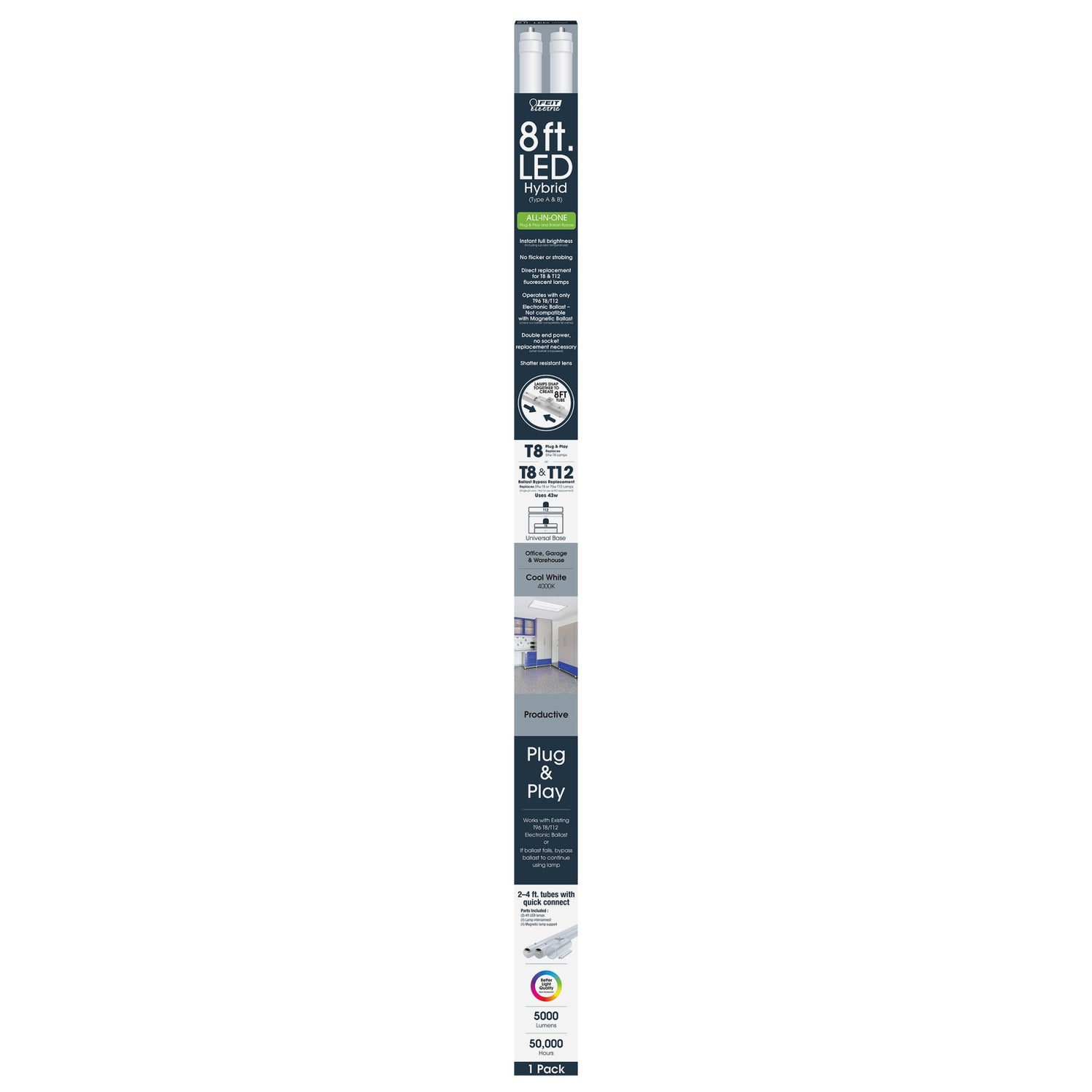 8 ft. 43W Cool White (4000K) Plug and Play or Ballast Bypass (Type AB) T8/T12 Replacement LED Linear Tube