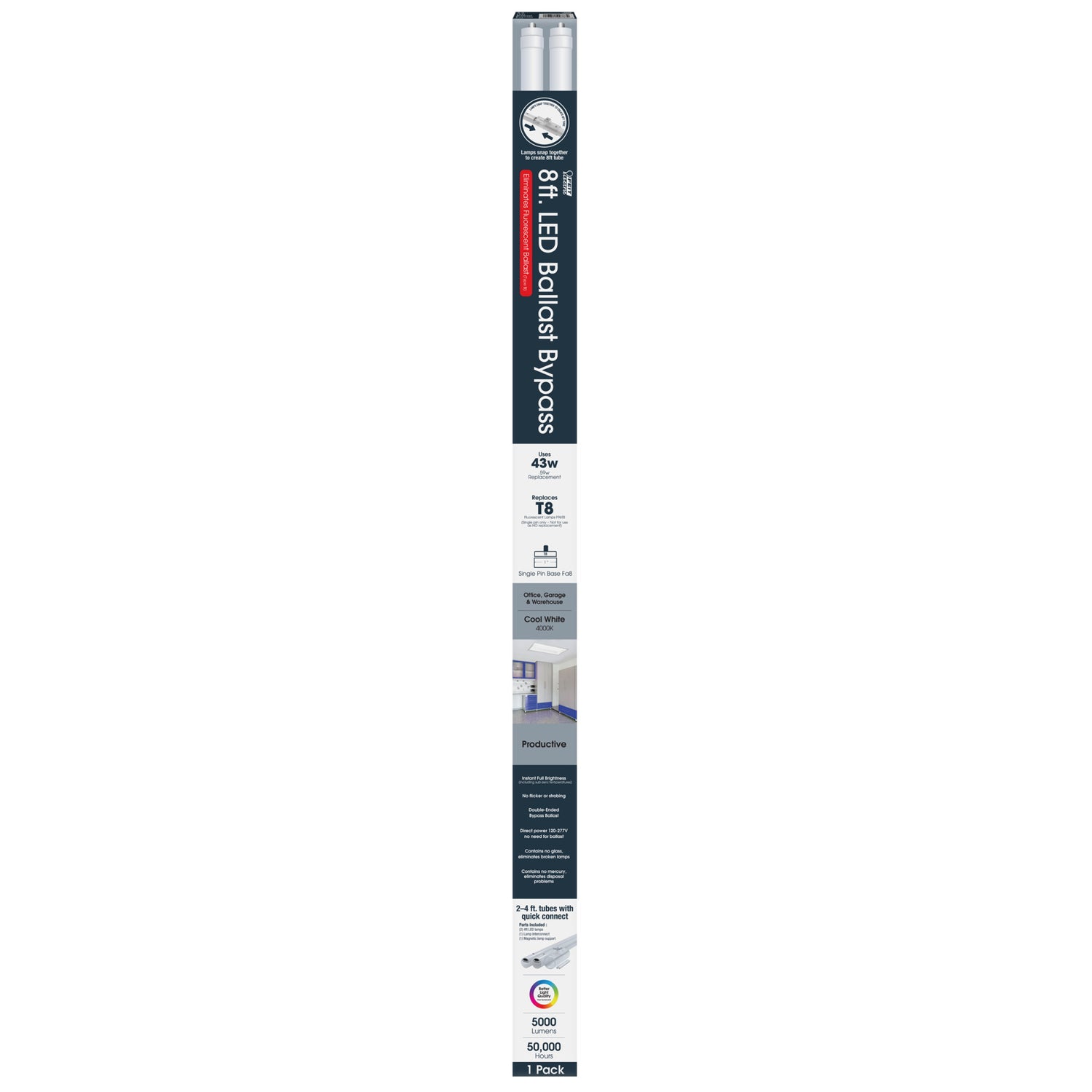 8 ft. 43W (59W Replacement) Cool White (4000K) FA8 Base (T8 Replacement) Ballast Bypass (Type B) LED Linear Tube