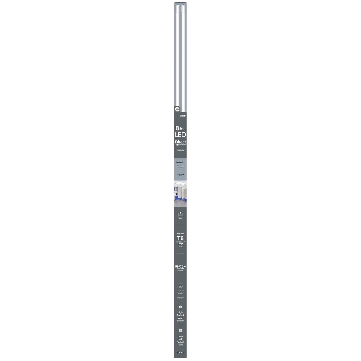 8 ft. 40W (59W Replacement) Cool White (4000K) FA8 Base Direct Replacement (Type A) (T8 Replacement) LED Linear Tube (2-Pack)