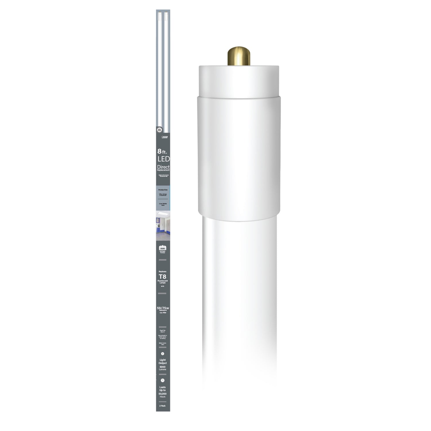 8 ft. 40W (59W Replacement) Cool White (4000K) FA8 Base Direct Replacement (Type A) (T8 Replacement) LED Linear Tube (2-Pack)