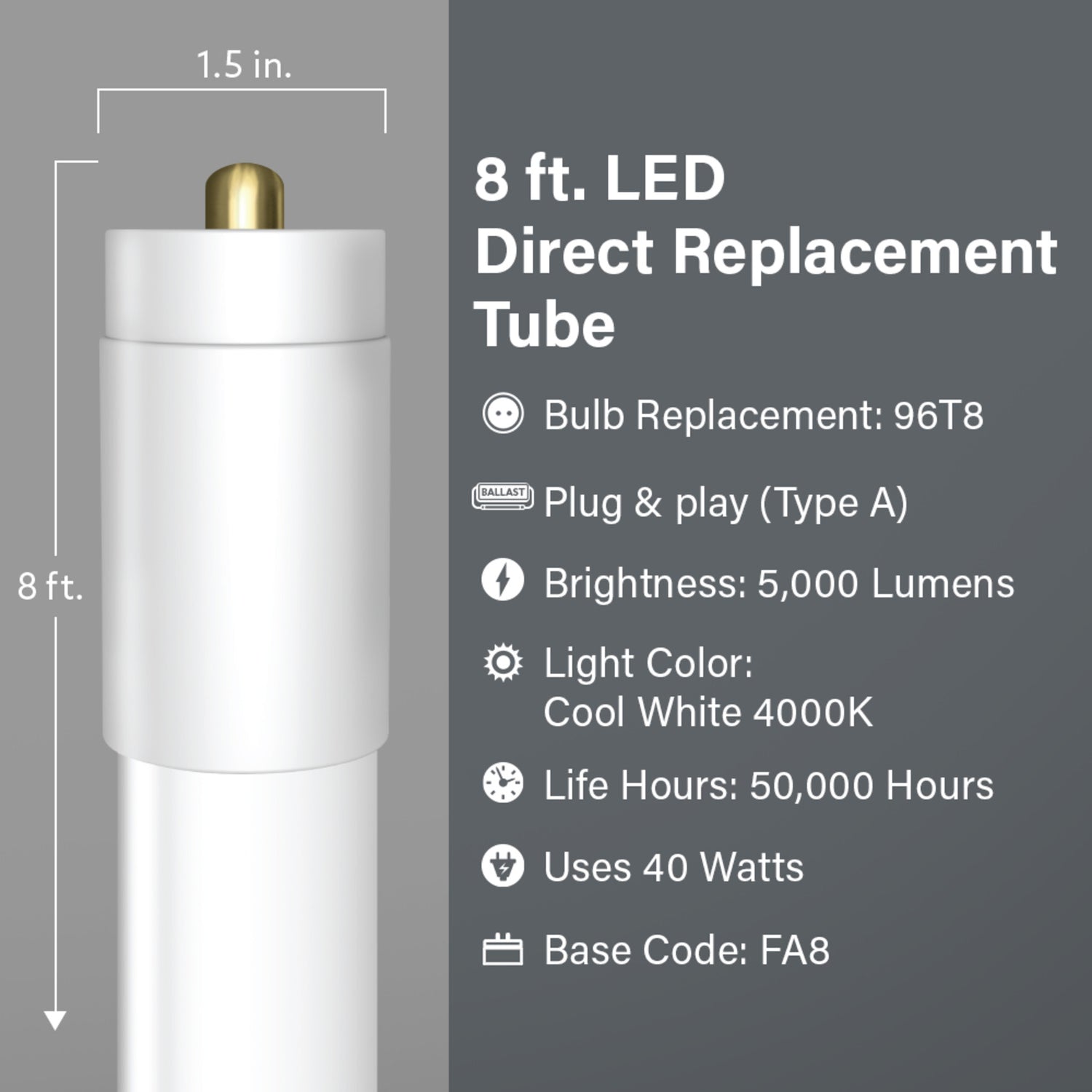 8 ft. 40W (59W Replacement) Cool White (4000K) FA8 Base Direct Replacement (Type A) (T8 Replacement) LED Linear Tube (2-Pack)