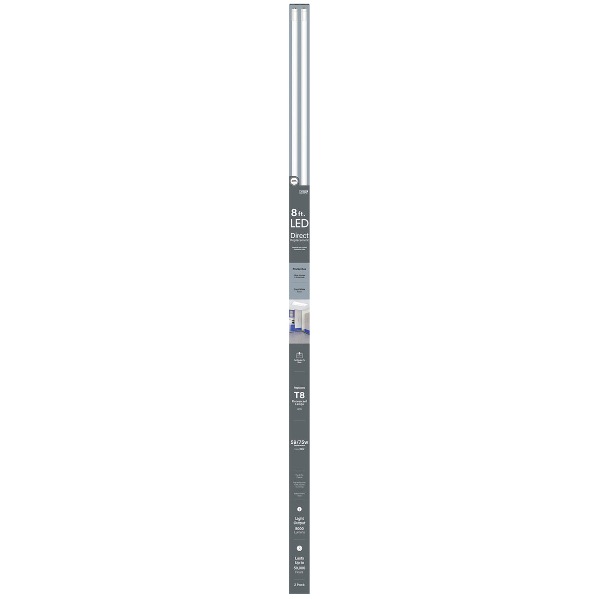 8 ft. 40W (59W Replacement) Cool White (4000K) FA8 Base Direct Replacement (Type A) (T8 Replacement) LED Linear Tube (2-Pack)