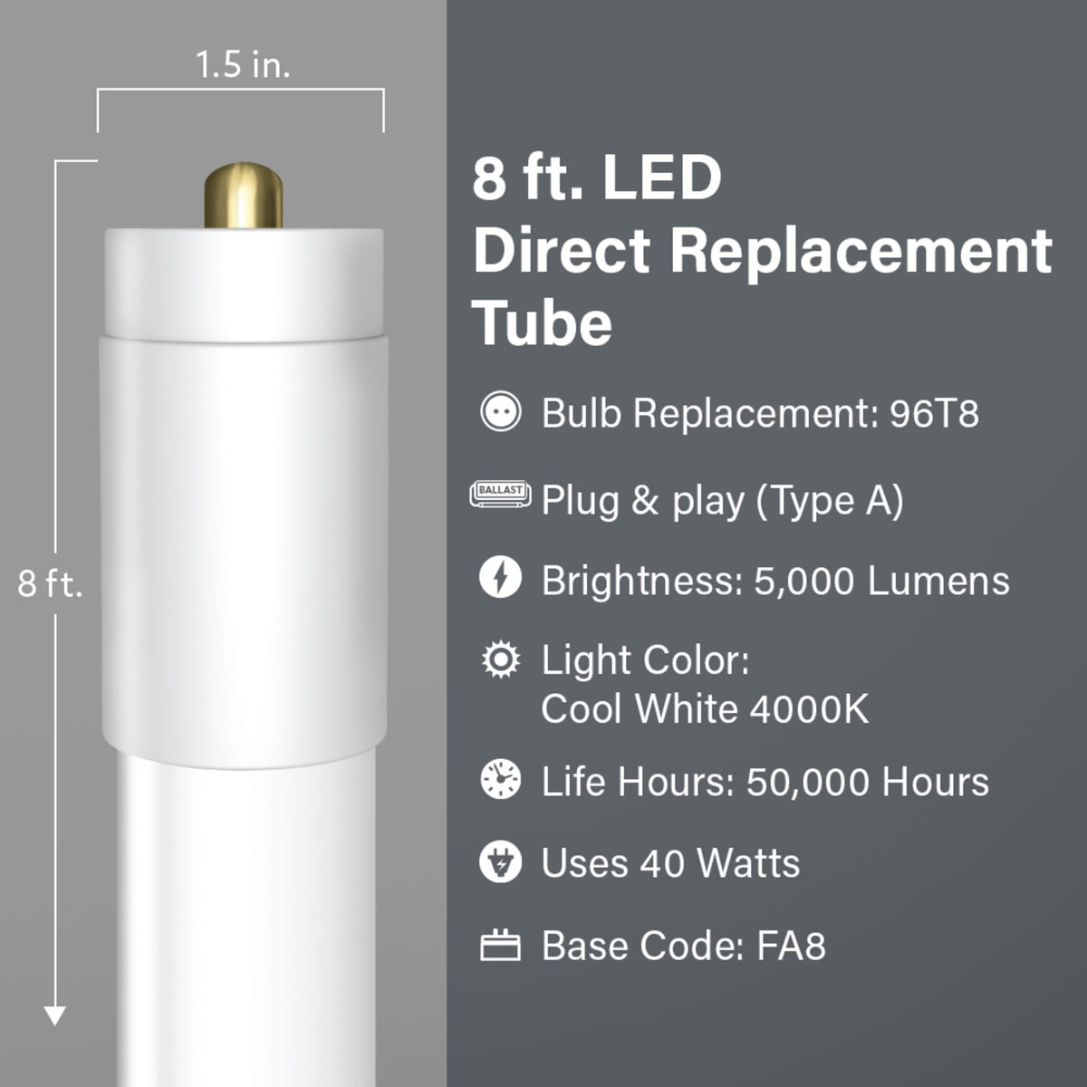8 ft. 40W (59W Replacement) Cool White (4000K) FA8 Base Direct Replacement (Type A) (T8 Replacement) LED Linear Tube (2-Pack)
