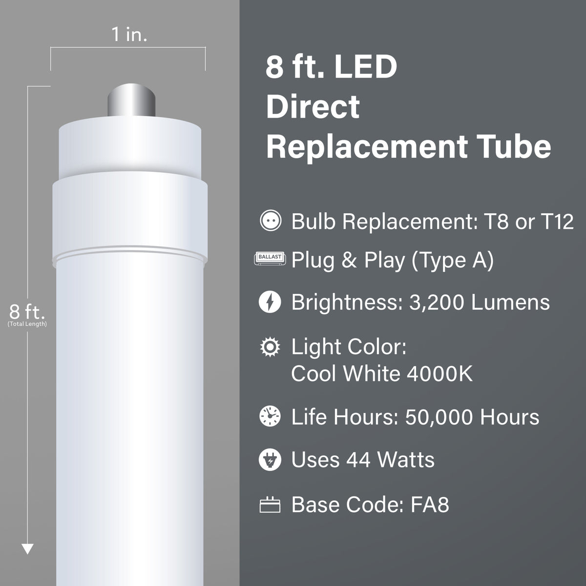 8 ft. 44W (75W Replacement) Cool White (4000K) FA8 Base T8/T12 Type A Ballast Compatible LED Tube