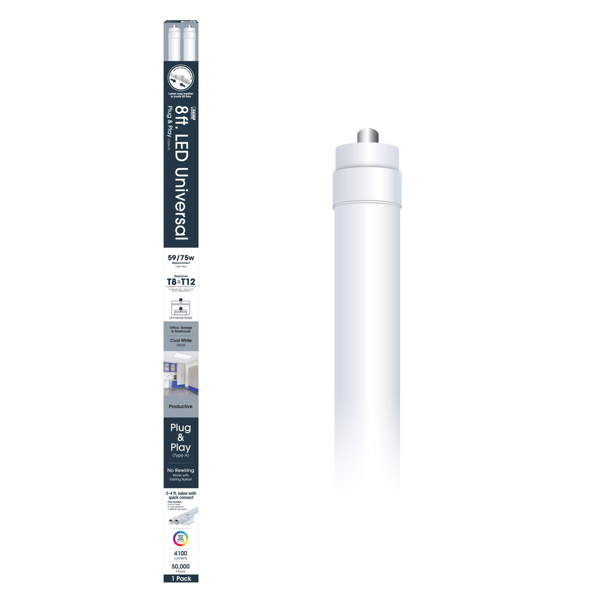 8 ft. 44W (75W Replacement) Cool White (4000K) FA8 Base T8/T12 Type A Ballast Compatible LED Tube