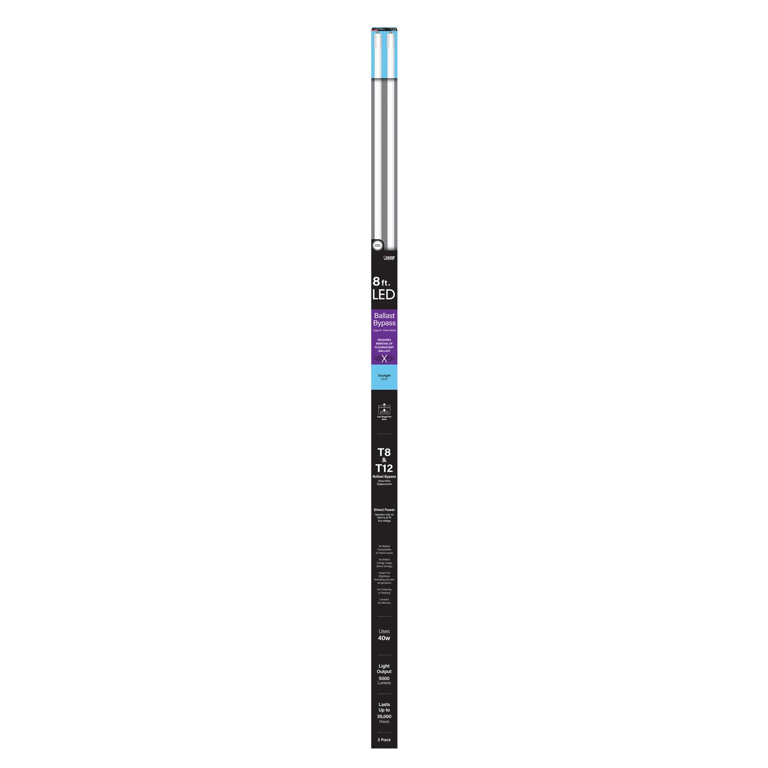 8 ft. 40W (59W Replacement) Daylight (5000K) FA8 Base (T8 and T12 Replacement) Ballast Bypass (Type B) LED Linear Tube (2-Pack)