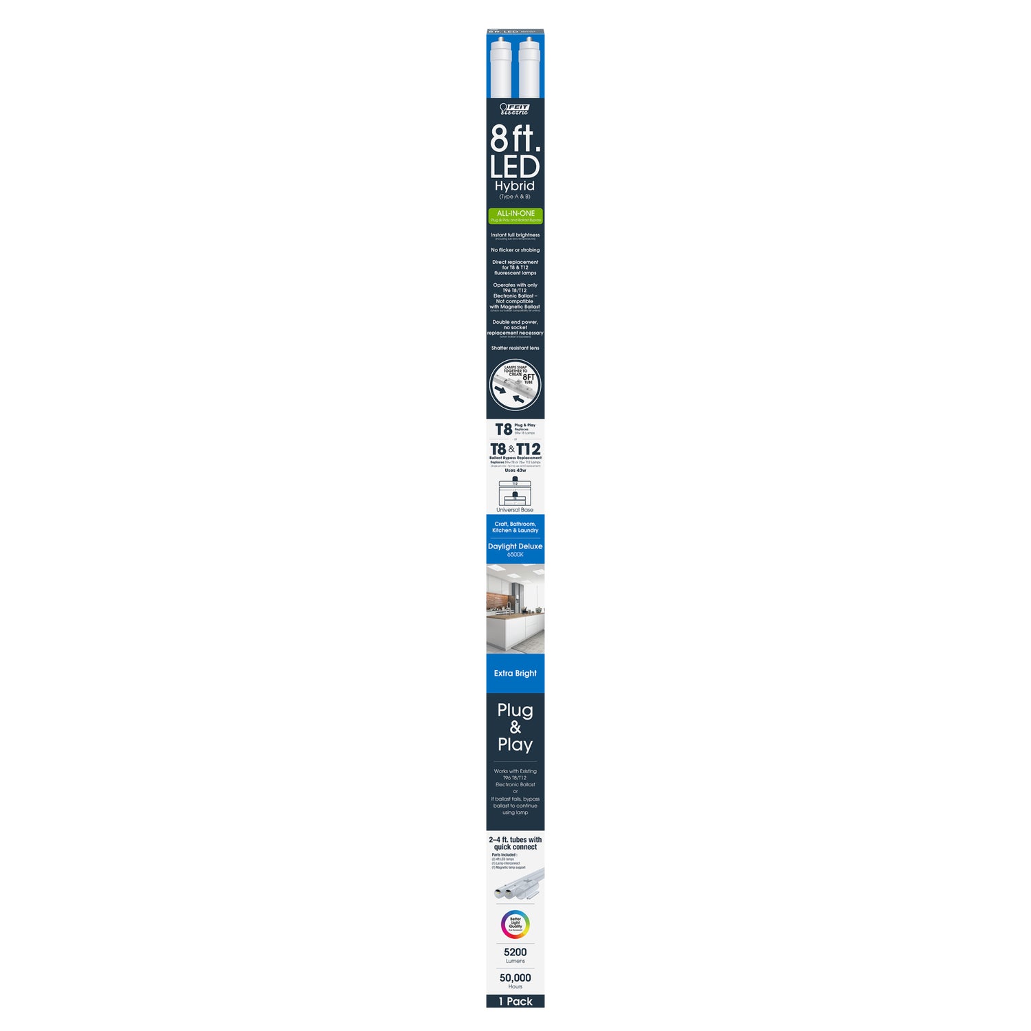 8ft. 43W (59W Replacement) Daylight Deluxe (6500K) FA8 Base (T8 and T12 Replacement) Direct Replacement and Ballast Bypass (Type AB) Linear LED Tube