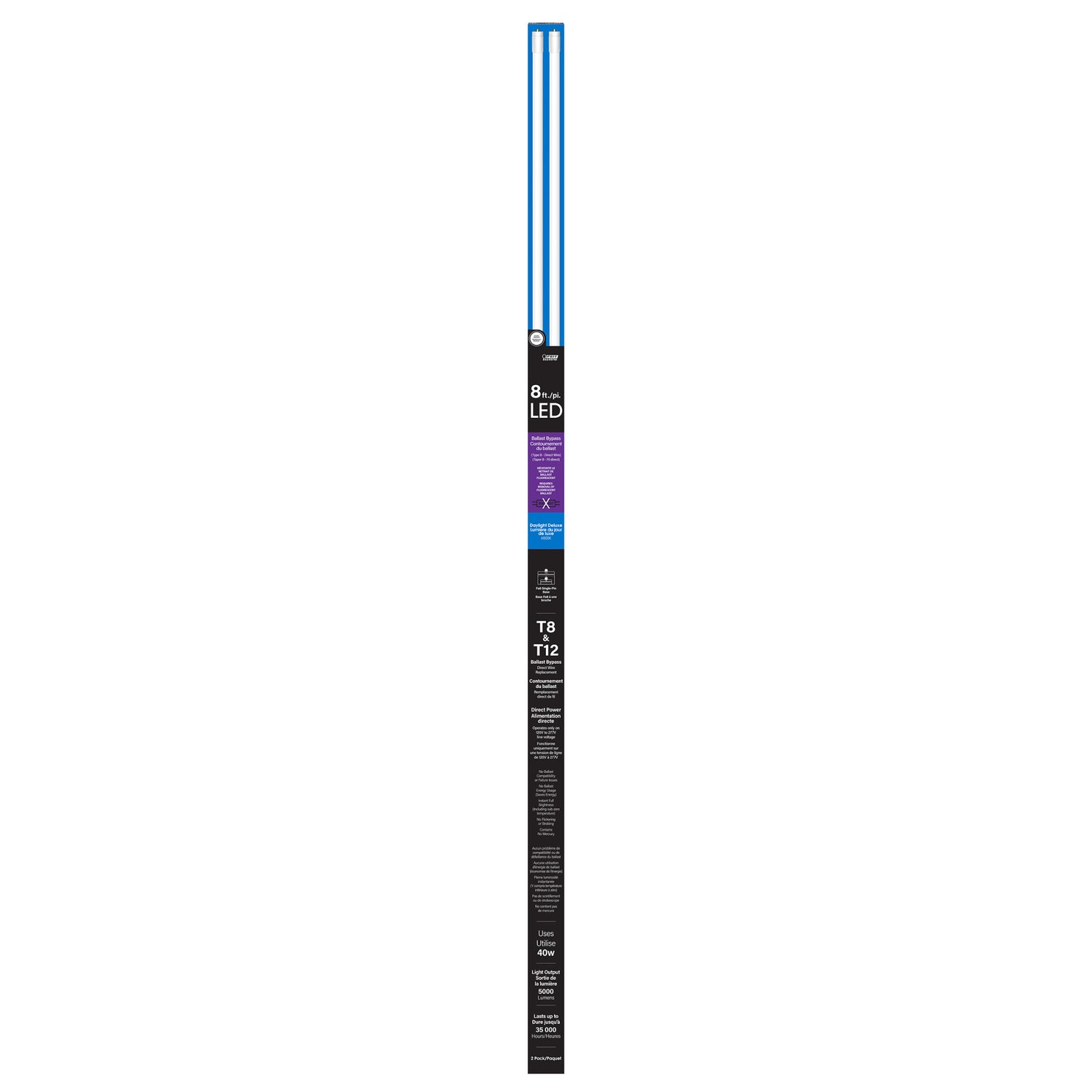 8 ft. 40W (59W Replacement) Daylight Deluxe (6500K) FA8 Base (T8 and T12 Replacement) Ballast Bypass (Type B) LED Linear Tube (2-Pack)
