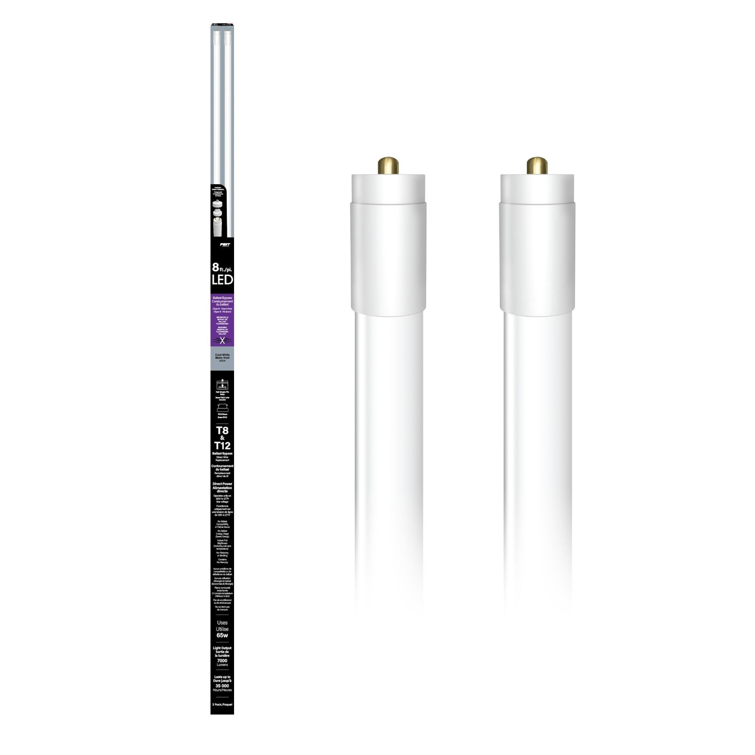8 ft.  65W T8 Cool White (4000K) G13 Base Type B HO LED Linear Tube with R17d and FA8 Adapters (2-Pack)