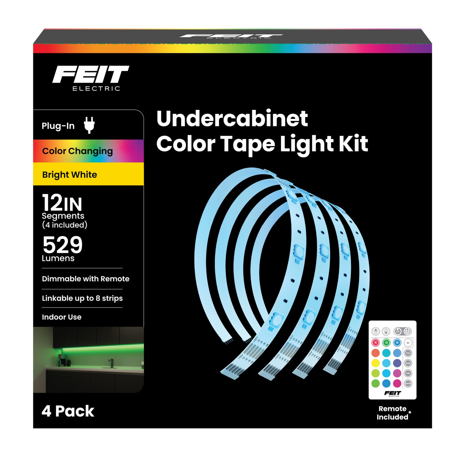 12 in. LED Undercabinet Color and Bright White Tape Light Kit with Remote, (4-Pack)