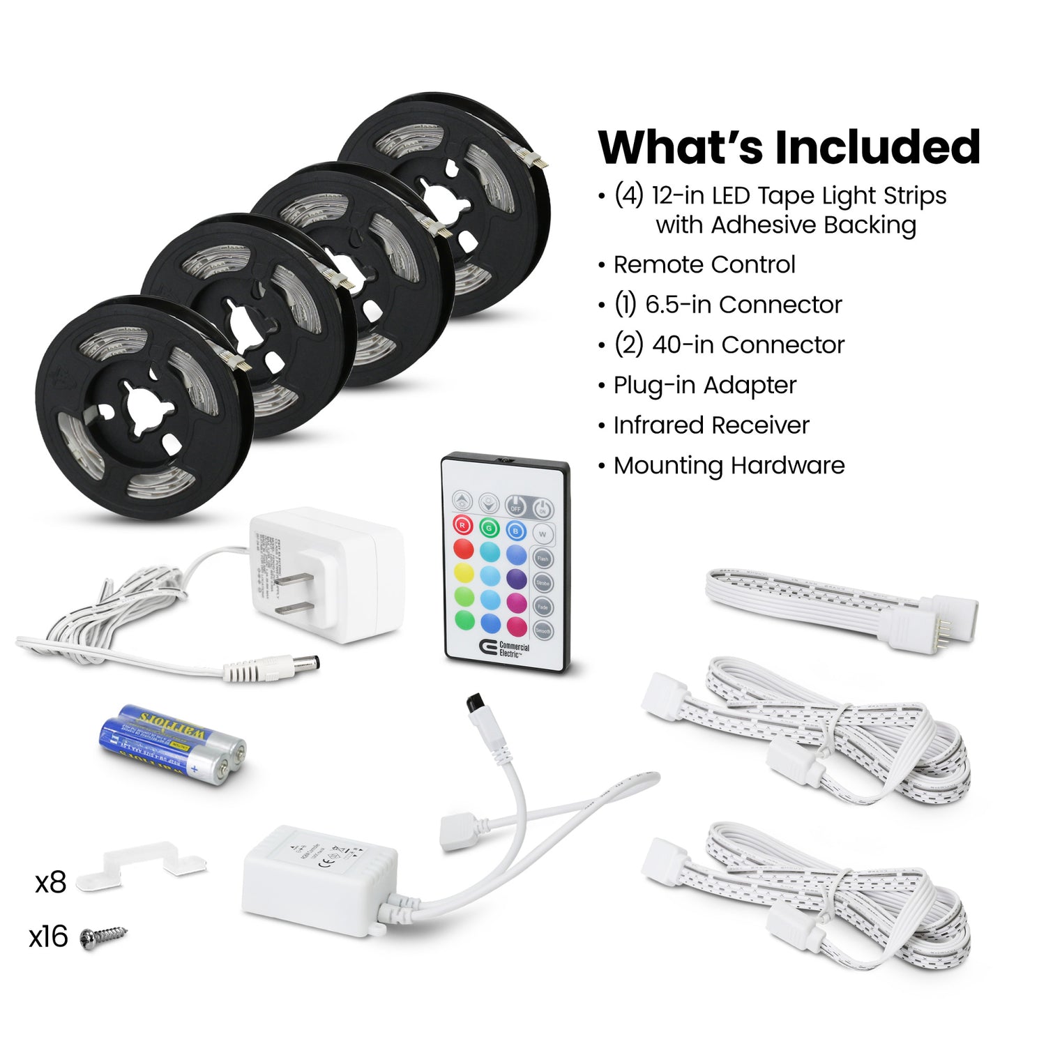 12 in. LED Undercabinet Color and Bright White Tape Light Kit with Remote, (4-Pack)