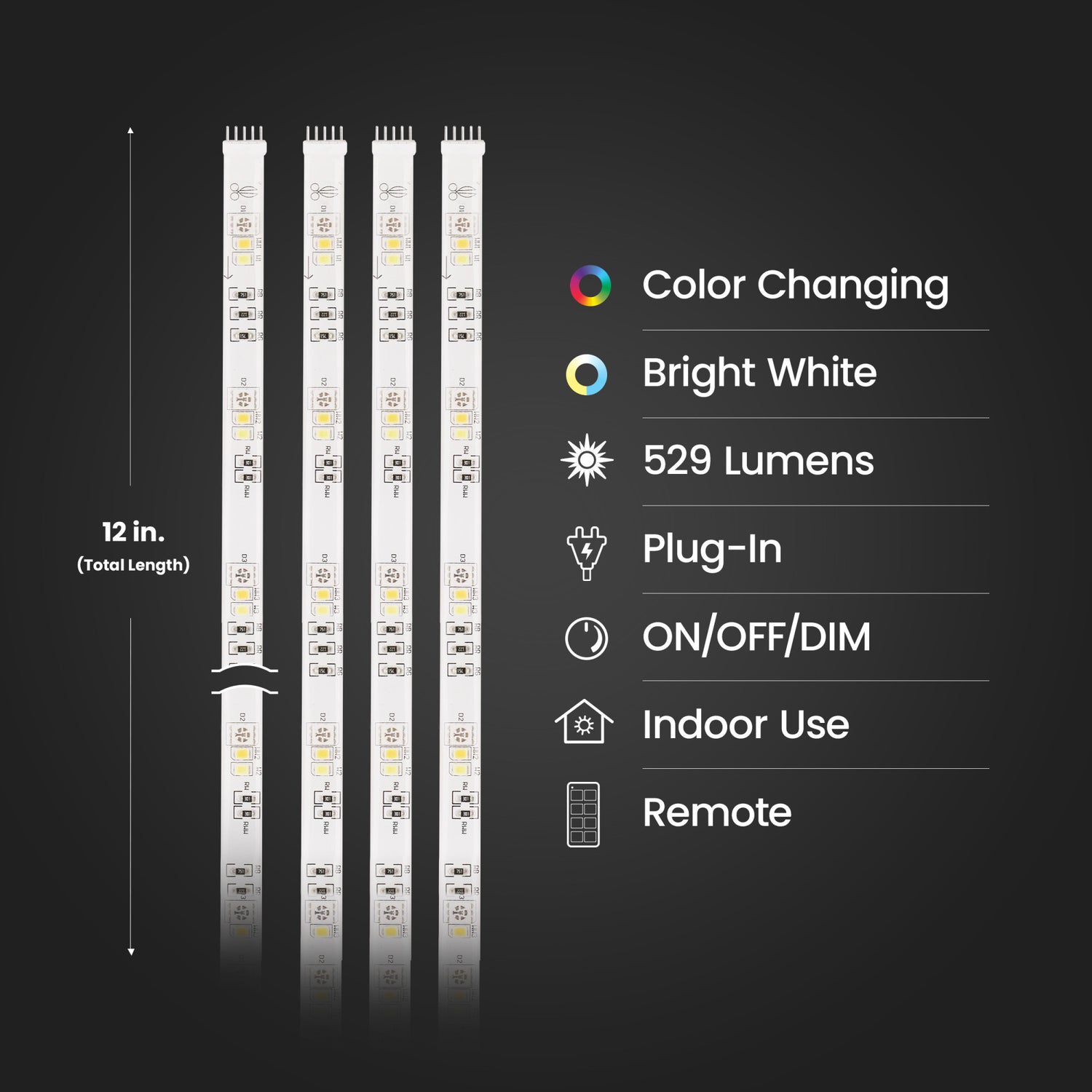 12 in. LED Undercabinet Color and Bright White Tape Light Kit with Remote, (4-Pack)