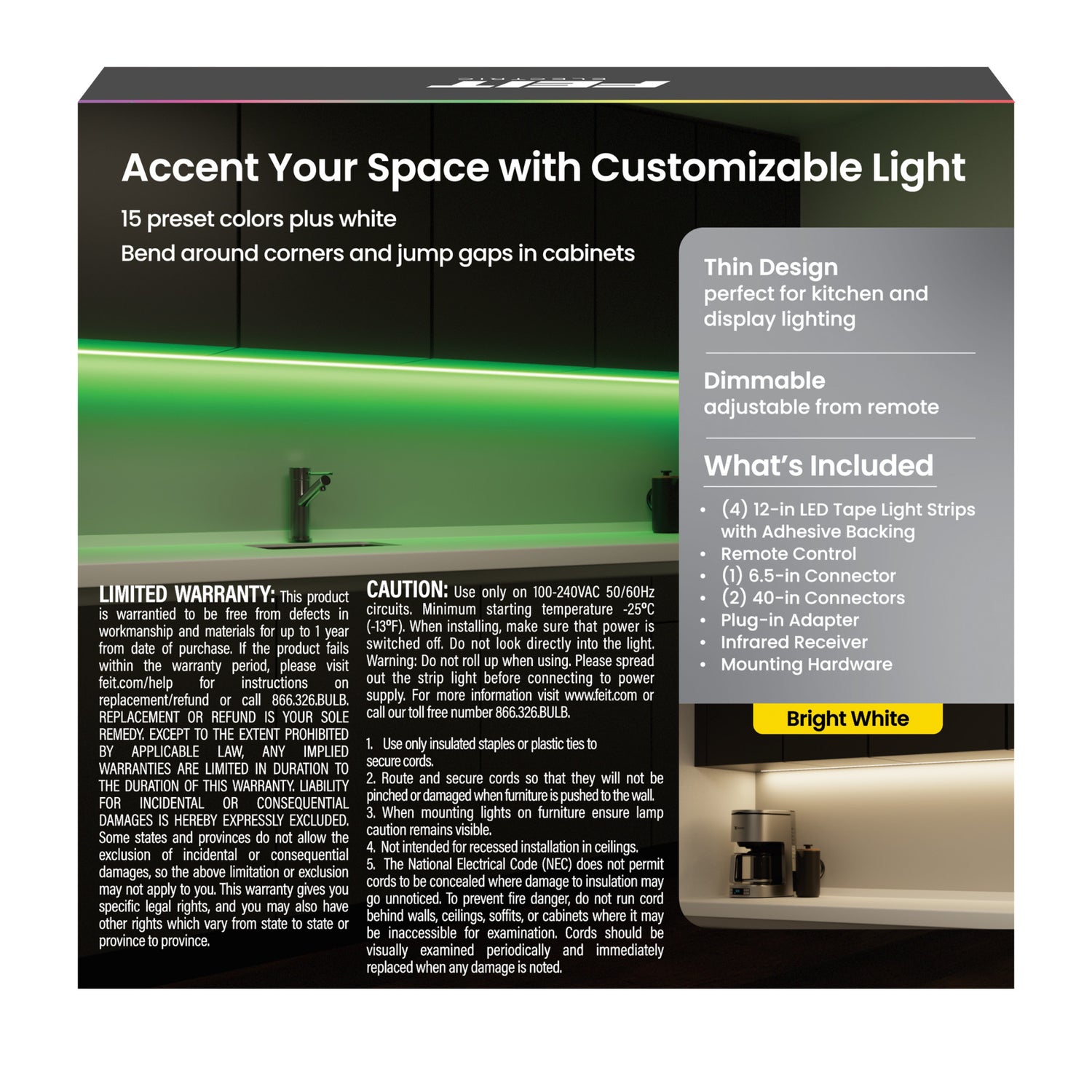 12 in. LED Undercabinet Color and Bright White Tape Light Kit with Remote, (4-Pack)