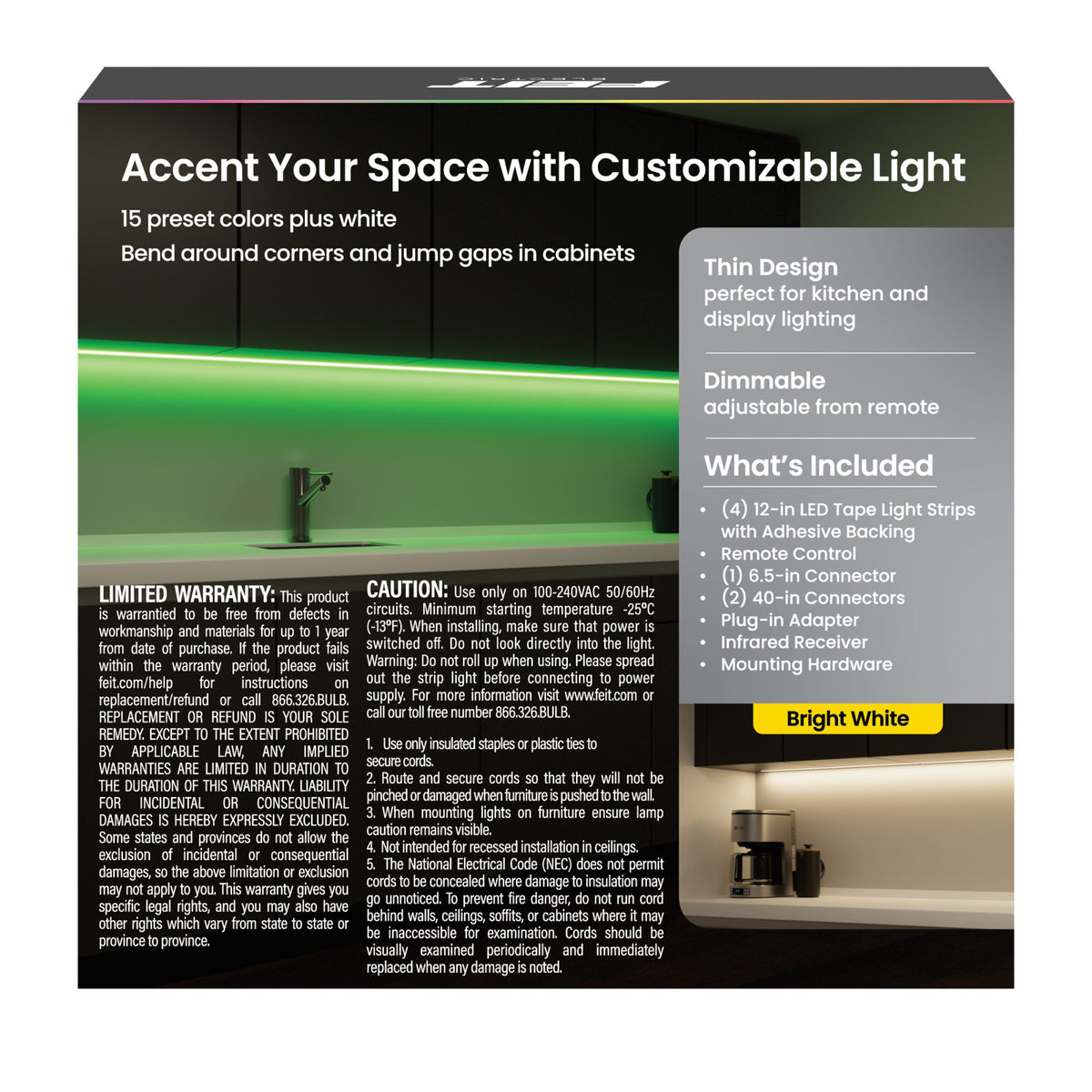 12 in. LED Undercabinet Color and Bright White Tape Light Kit with Remote, (4-Pack)