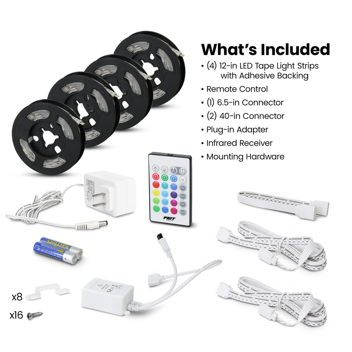 12 in. LED Undercabinet Color and Bright White Tape Light Kit with Remote, (4-Pack)