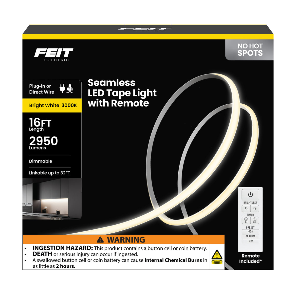 16 ft. Bright White (3000K) Dimmable Cob LED Seamless Tape Light with Remote