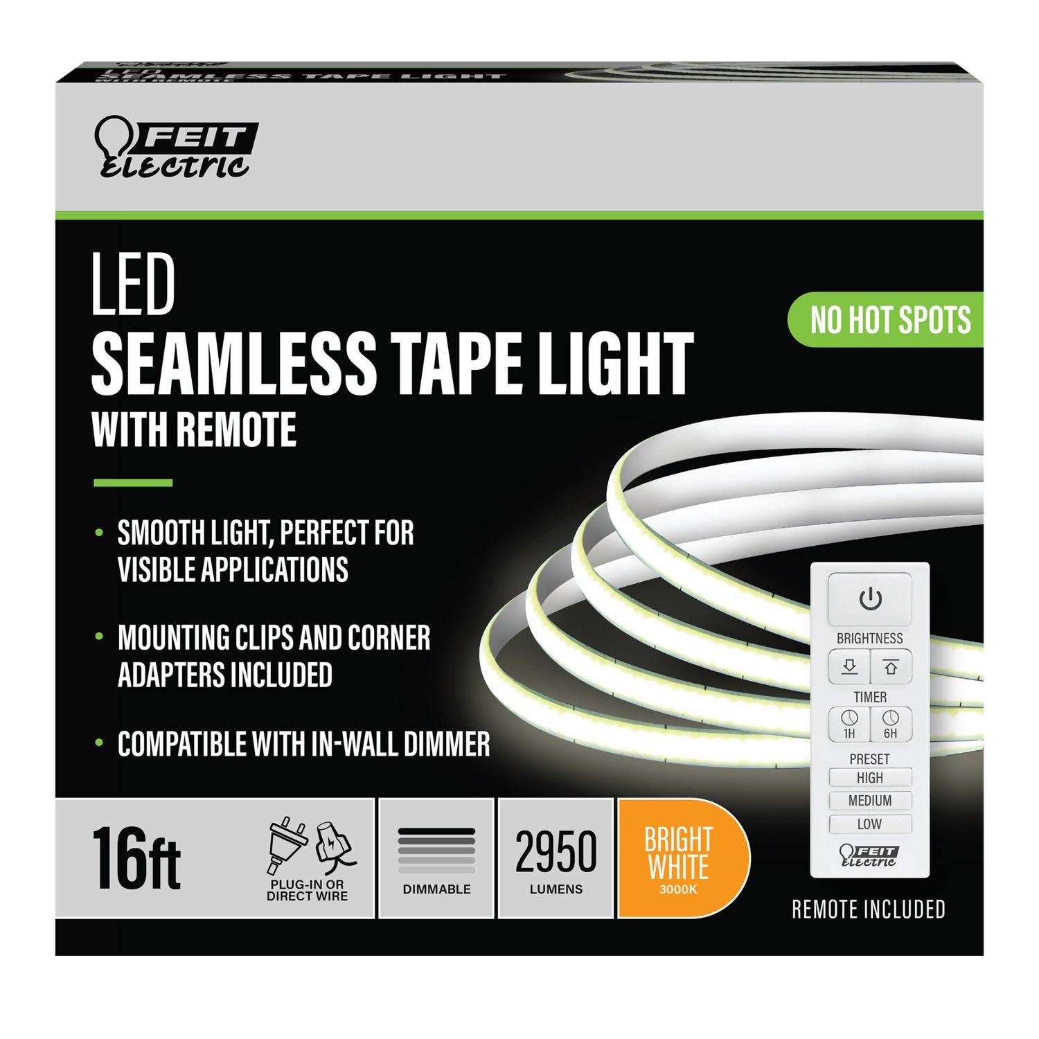 16 ft. 36W Bright White (3000K) Dimmable Cob LED Seamless Tape Light with Remote