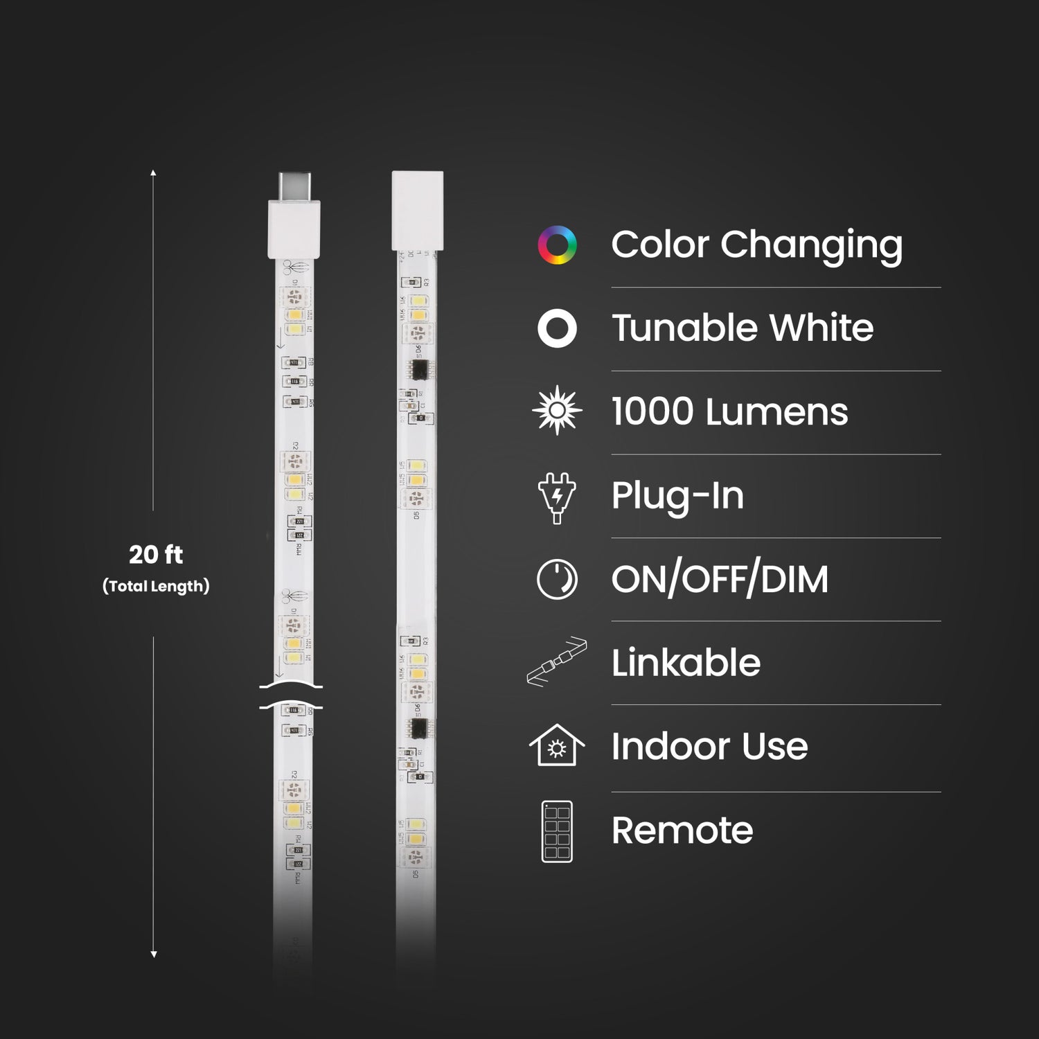 20 ft. Smart Color Chasing and Tunable White Strip Light with Remote