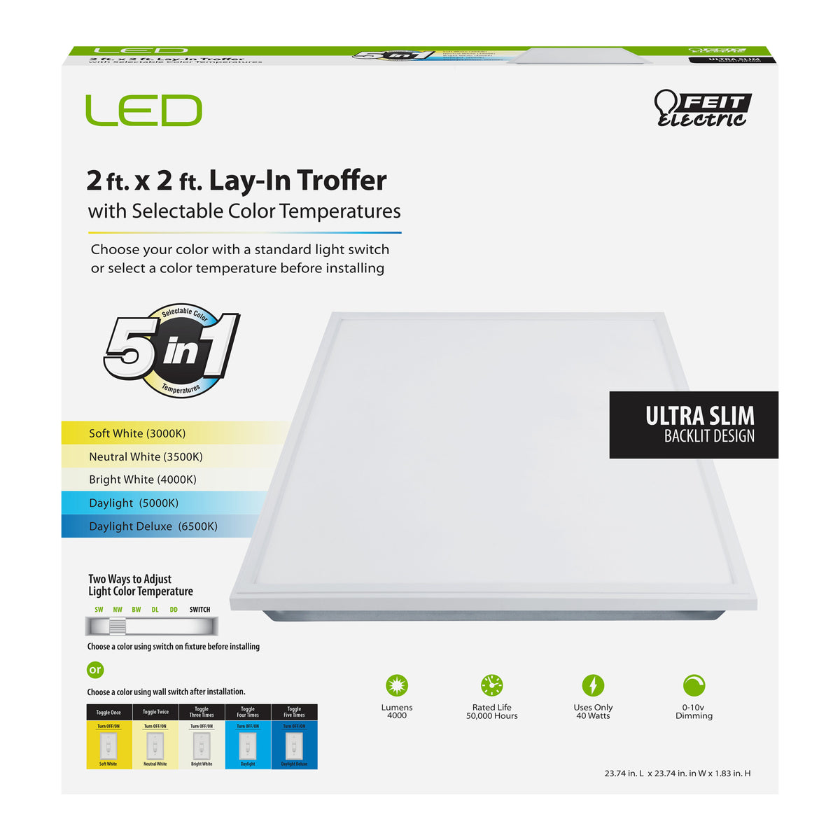 2 ft. x 2 ft. Selectable White LED Lay-In Troffer with Switch Mode
