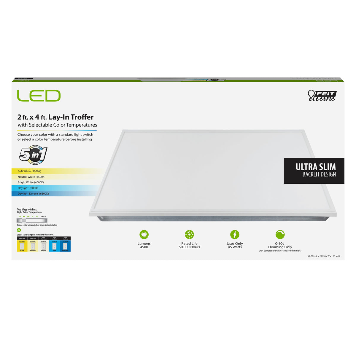 4500 Lumens Color Selectable 2 x 4 LED Lay-In Troffer with Switch Mode