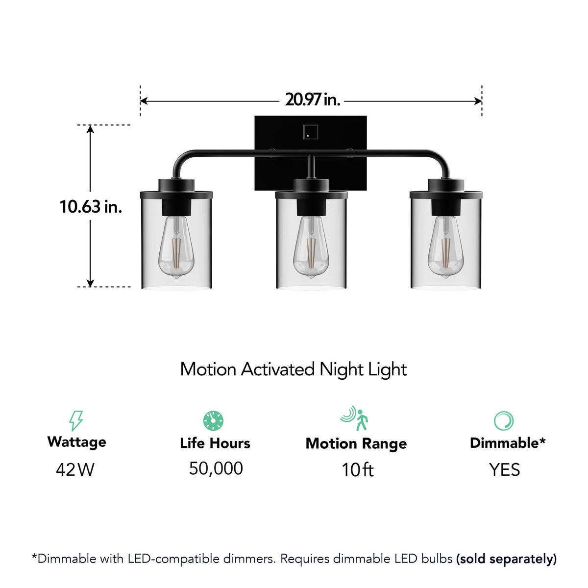 Emerson 3-Light Vanity with Motion Night Light, Matte Black