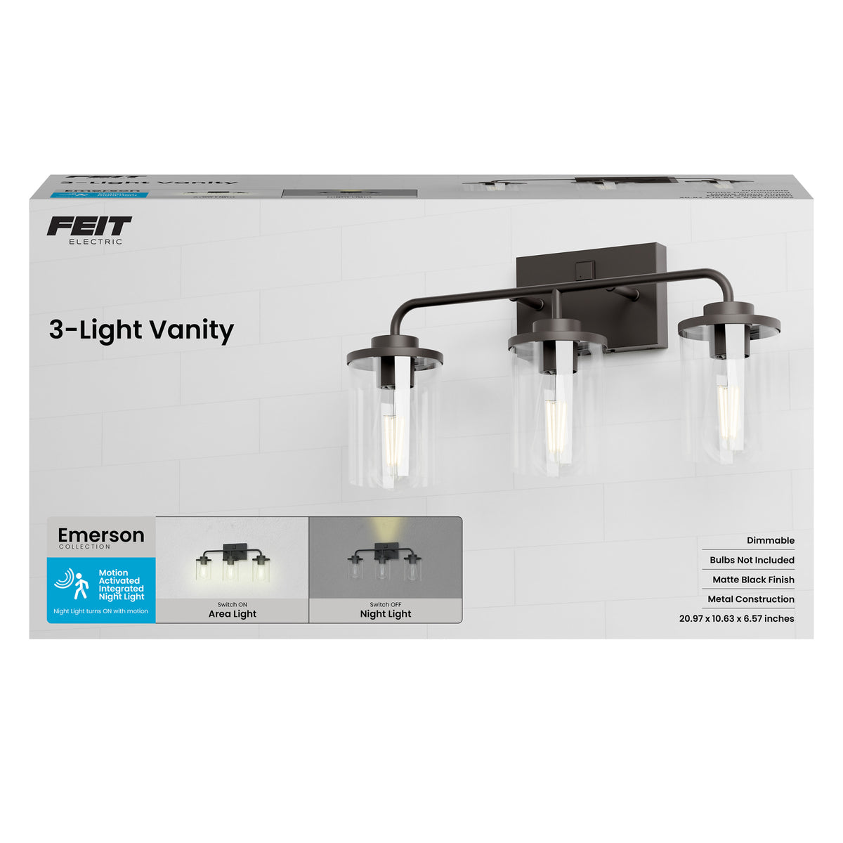 Emerson 3-Light Vanity with Motion Night Light, Matte Black