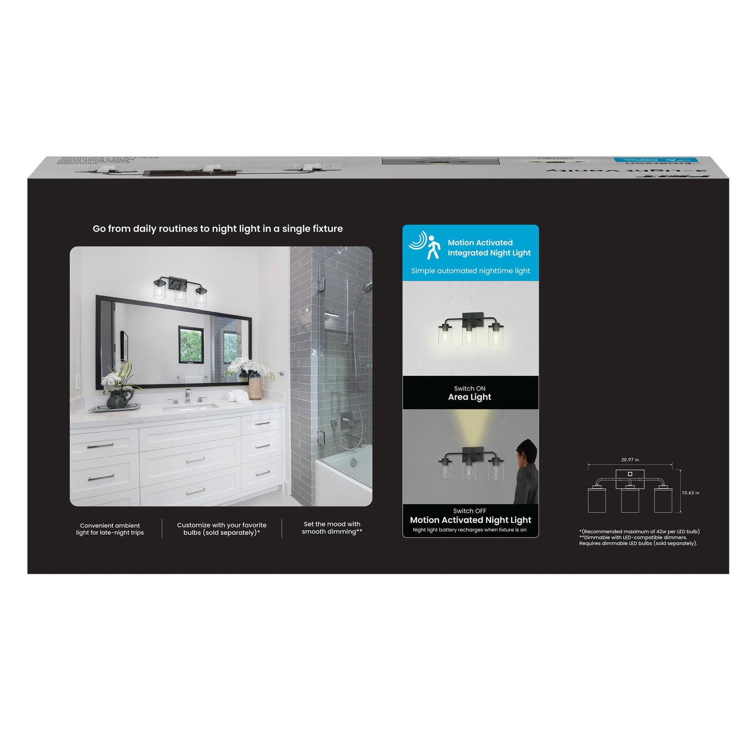 Emerson 3-Light Vanity with Motion Night Light, Matte Black