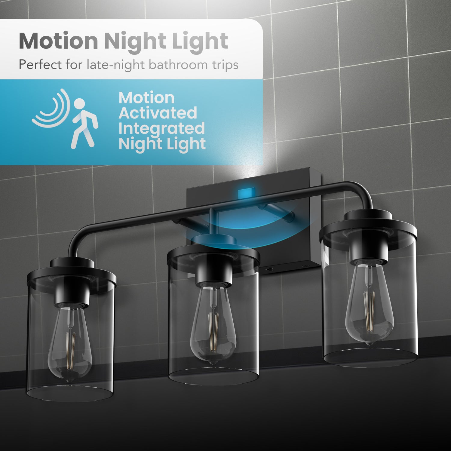 Emerson 3-Light Vanity with Motion Night Light, Matte Black