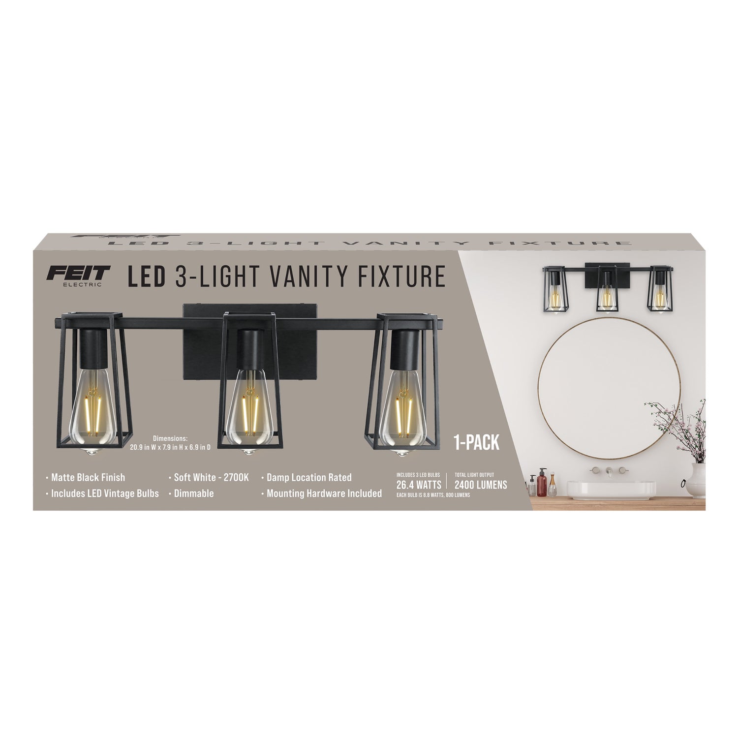 3-Light LED Vanity with Bulbs, Soft White