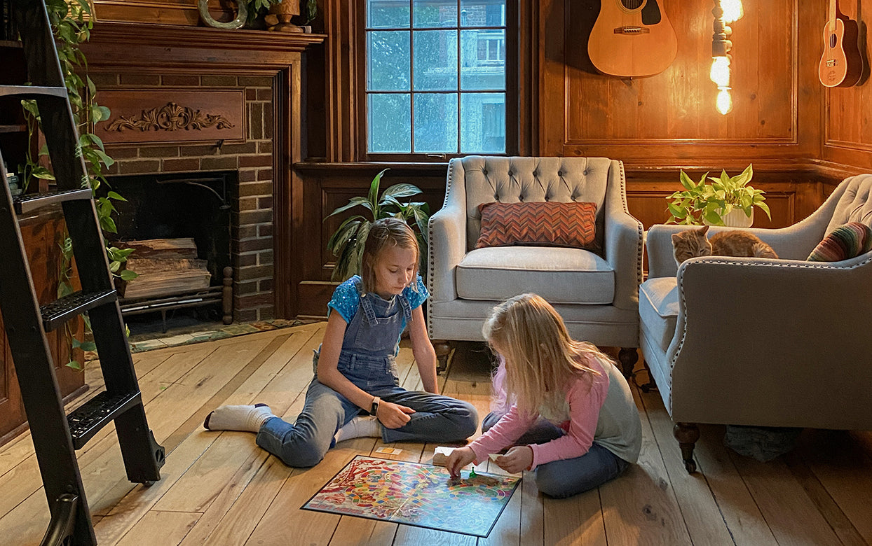 Vintage lighting with kids in background.