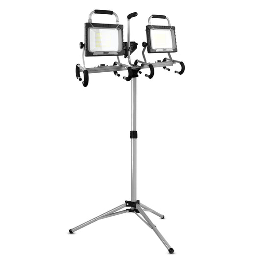 Two LED work lights on a stand with a white background